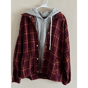 Womens HYFVE Plaid Flannel Hoodie Jacket Burgundy Black Layered Look size Large